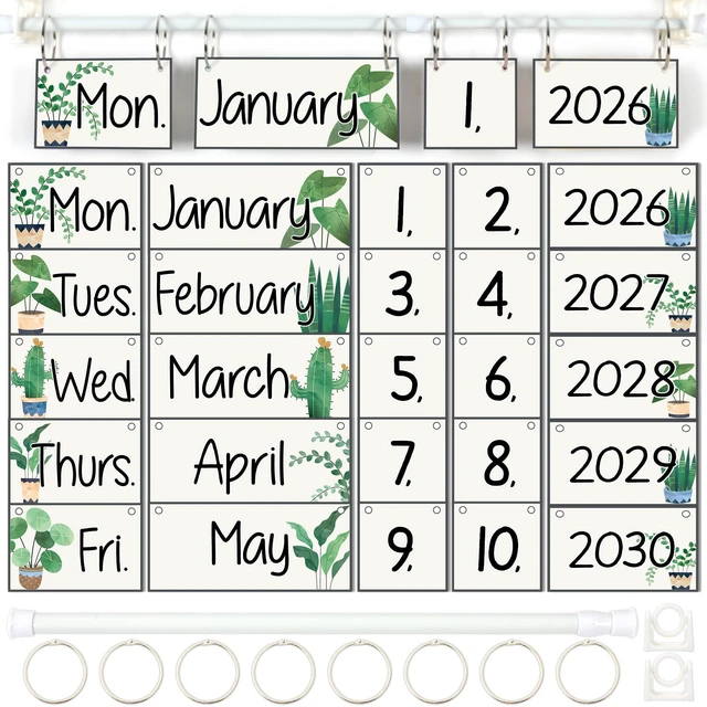 Main image of Greenery Flip Calendar for Classroom Decor Bulletin Board 2026 to 2030 Years Date Cards and Adjustable Rod Greenery Calendar Chart Class Whiteboard for Home Elementary School Teacher Organization