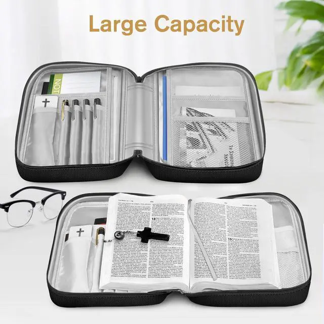 Alt view image 5 of 7 - Bible Cover, Carrying Book Case Bible Bag with Handle Church Protective with Zippered Pocket, Gift for Mother Lady Women Men, Black & Brown