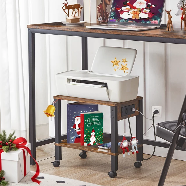 Alt view image 2 of 7 - 2-Tier Printer Stand with Charging Station, Under Desk Printer Table, Printer Cart with Storage Shelves, Shelf for Small Spaces, for Home Office, Rustic Brown and Black BF38UPS01