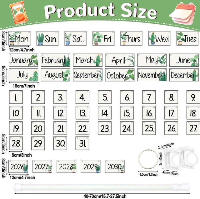 Alt view image 2 of 7 - Greenery Flip Calendar for Classroom Decor Bulletin Board 2026 to 2030 Years Date Cards and Adjustable Rod Greenery Calendar Chart Class Whiteboard for Home Elementary School Teacher Organization