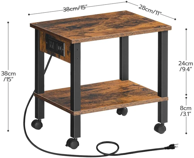 Alt view image 5 of 7 - 2-Tier Printer Stand with Charging Station, Under Desk Printer Table, Printer Cart with Storage Shelves, Shelf for Small Spaces, for Home Office, Rustic Brown and Black BF38UPS01