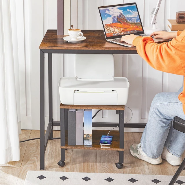 Alt view image 7 of 7 - 2-Tier Printer Stand with Charging Station, Under Desk Printer Table, Printer Cart with Storage Shelves, Shelf for Small Spaces, for Home Office, Rustic Brown and Black BF38UPS01