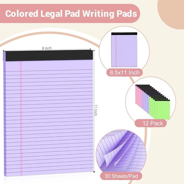 Alt view image 2 of 7 - Legal Pads 8.5 x 11 Colored Notepad, 12 Pack Wide Ruled Lined Paper Micro Perforated Writing Pads 8.5 x 11, 30 Sheet/Note Pads, Pink Legal Pad 8.5 x 11 Notebook Colored Paper Tablet for School