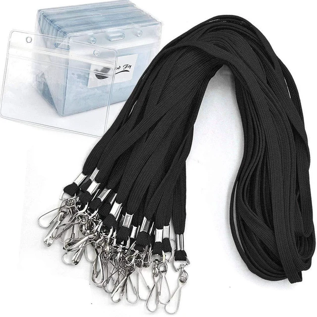 Main image of Name Tags Lanyard Badge Holder Pairs (Set of 50, Black): Woven Round Lanyard & Horizontal Sealable Waterproof Clear Plastic ID Card Name