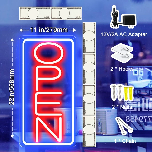 Alt view image 3 of 7 - 22" X 11" Led Neon Open Signs for Business 12V/2A Ultra Bright Led Neon Open Signs Plug In Electric Light Up Open Sign with ON/OFF Switch for Bar Salon Coffee Stores Club Hotel (Vertical)
