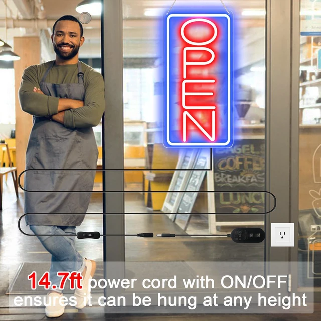 Alt view image 5 of 7 - 22" X 11" Led Neon Open Signs for Business 12V/2A Ultra Bright Led Neon Open Signs Plug In Electric Light Up Open Sign with ON/OFF Switch for Bar Salon Coffee Stores Club Hotel (Vertical)