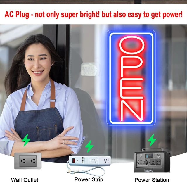 Alt view image 6 of 7 - 22" X 11" Led Neon Open Signs for Business 12V/2A Ultra Bright Led Neon Open Signs Plug In Electric Light Up Open Sign with ON/OFF Switch for Bar Salon Coffee Stores Club Hotel (Vertical)