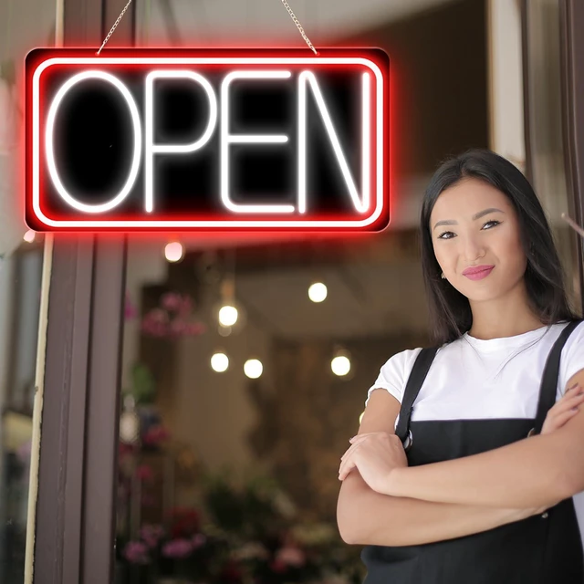 Alt view image 2 of 7 - 22" X 11" Led Neon Open Signs for Business, Large Open Signs, Plug In Electric Light Up with ON/OFF Switch, Ultra Bright Open Sign for Bar Salon Coffee Stores Club Hotel (Black Backplate)