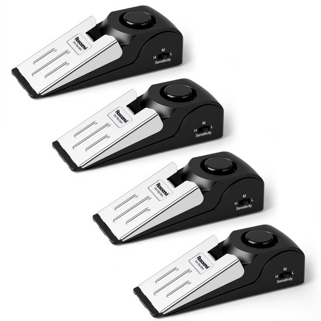 Main image of 4 Pack Door Stop Alarm, Door Stopper with 120DB Security Alarm, Floor Wedge Door Stop Siren, Door Security Devices for Traveling, Apartment, Hotel and Home, Black