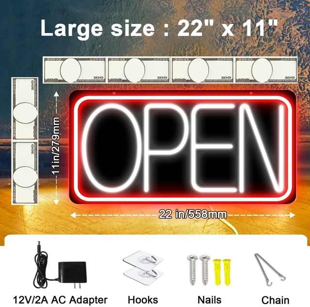Alt view image 3 of 7 - 22" X 11" Led Neon Open Signs for Business, Large Open Signs, Plug In Electric Light Up with ON/OFF Switch, Ultra Bright Open Sign for Bar Salon Coffee Stores Club Hotel (Black Backplate)