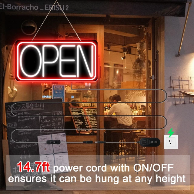 Alt view image 4 of 7 - 22" X 11" Led Neon Open Signs for Business, Large Open Signs, Plug In Electric Light Up with ON/OFF Switch, Ultra Bright Open Sign for Bar Salon Coffee Stores Club Hotel (Black Backplate)