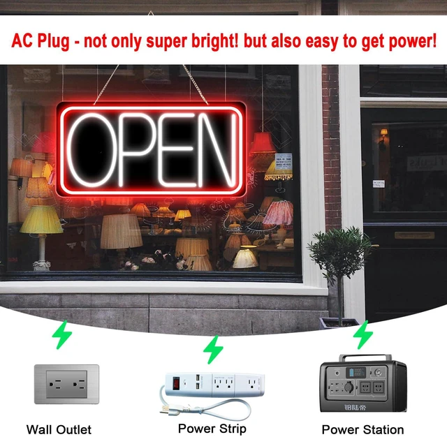Alt view image 5 of 7 - 22" X 11" Led Neon Open Signs for Business, Large Open Signs, Plug In Electric Light Up with ON/OFF Switch, Ultra Bright Open Sign for Bar Salon Coffee Stores Club Hotel (Black Backplate)