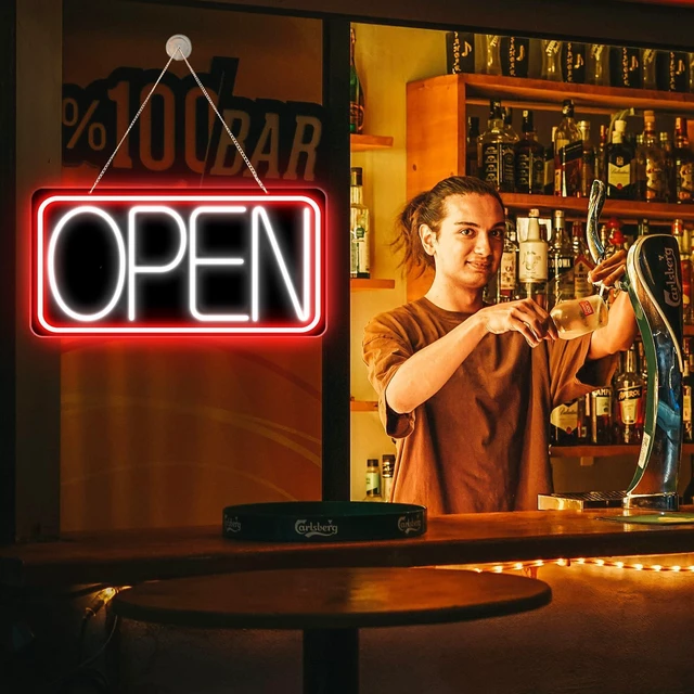 Alt view image 6 of 7 - 22" X 11" Led Neon Open Signs for Business, Large Open Signs, Plug In Electric Light Up with ON/OFF Switch, Ultra Bright Open Sign for Bar Salon Coffee Stores Club Hotel (Black Backplate)