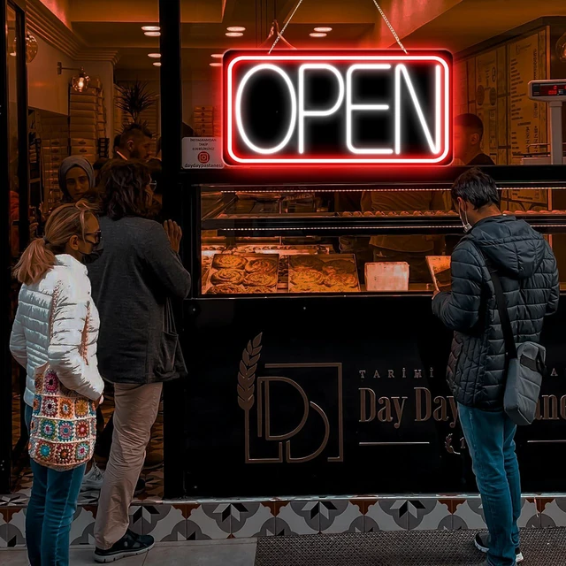 Alt view image 7 of 7 - 22" X 11" Led Neon Open Signs for Business, Large Open Signs, Plug In Electric Light Up with ON/OFF Switch, Ultra Bright Open Sign for Bar Salon Coffee Stores Club Hotel (Black Backplate)