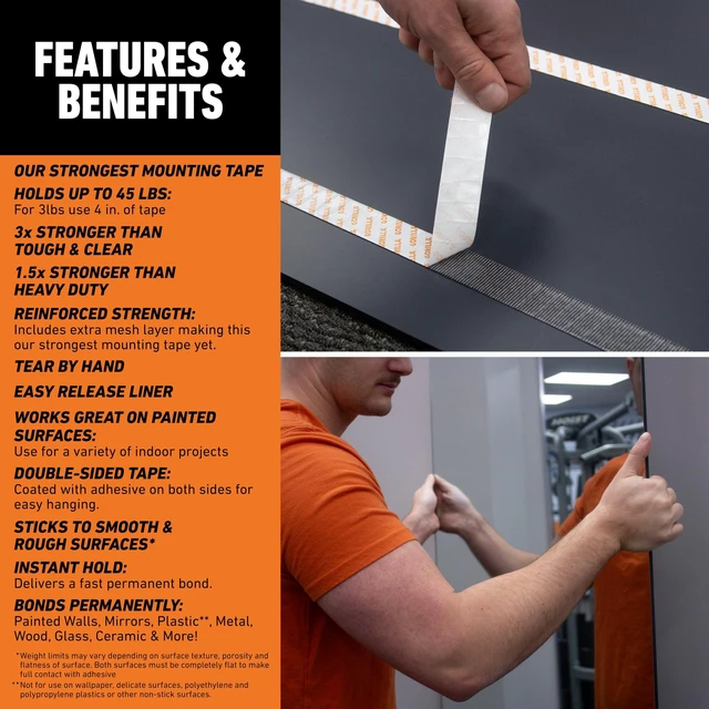 Alt view image 4 of 6 - Mounting Tape, Max Strength, Double-Sided, 1 in x 60 in Holds up to 45 lbs, Double-Sided Tape with Instant Hold, Permanent Indoor Bond for Classroom and Study Space Setup