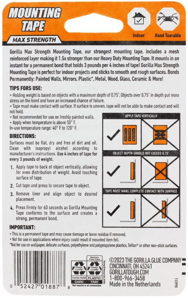 Alt view image 6 of 6 - Mounting Tape, Max Strength, Double-Sided, 1 in x 60 in Holds up to 45 lbs, Double-Sided Tape with Instant Hold, Permanent Indoor Bond for Classroom and Study Space Setup