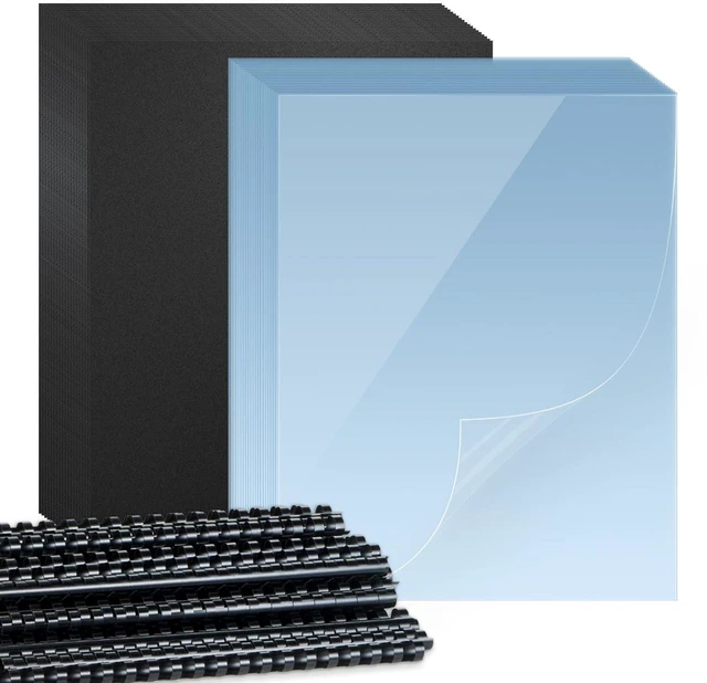 Main image of 180 Pack Comb Binding Covers and Backs Set, 8.5x11 Inch, Letter Size 60 Pcs 3/8 Inch Black Binding Combs, 60 Pcs 10 Mil Clear Binding Covers, 60 Pcs 12Mil Black Plastic Sand Texture Polycovers