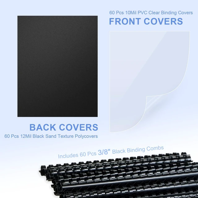 Alt view image 4 of 7 - 180 Pack Comb Binding Covers and Backs Set, 8.5x11 Inch, Letter Size 60 Pcs 3/8 Inch Black Binding Combs, 60 Pcs 10 Mil Clear Binding Covers, 60 Pcs 12Mil Black Plastic Sand Texture Polycovers