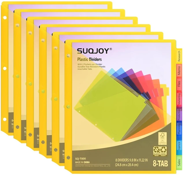 Main image of 8-Tab Dividers for 3 Ring Binder, 48 Count Binder Dividers with Pockets, Subject Dividers, 3-Hole Plastics Sheets Protectors for US Letter Size in 0.5", 1",2" Binders, Vibrant 8 Color, 6 Packs