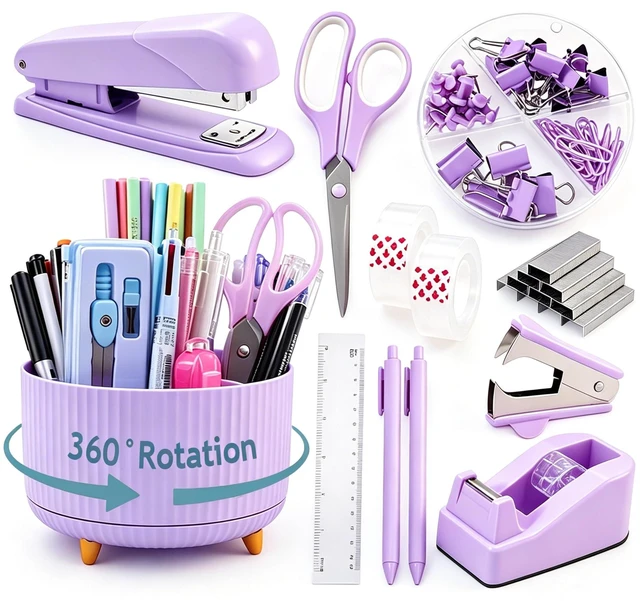 Main image of Purple Desk Organizers and Accessories with Desk Organizer 360° Rotating Pen Holder and Office Supplies, Cute Stationery Supplies Set