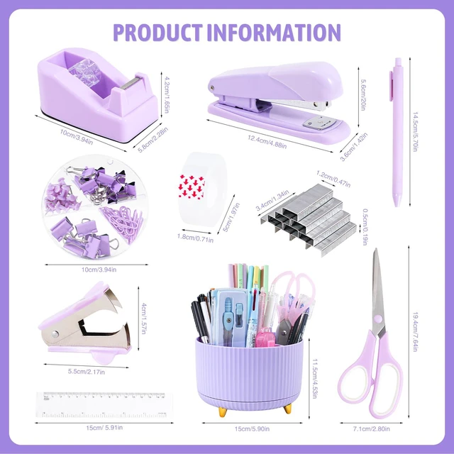 Alt view image 2 of 7 - Purple Desk Organizers and Accessories with Desk Organizer 360° Rotating Pen Holder and Office Supplies, Cute Stationery Supplies Set