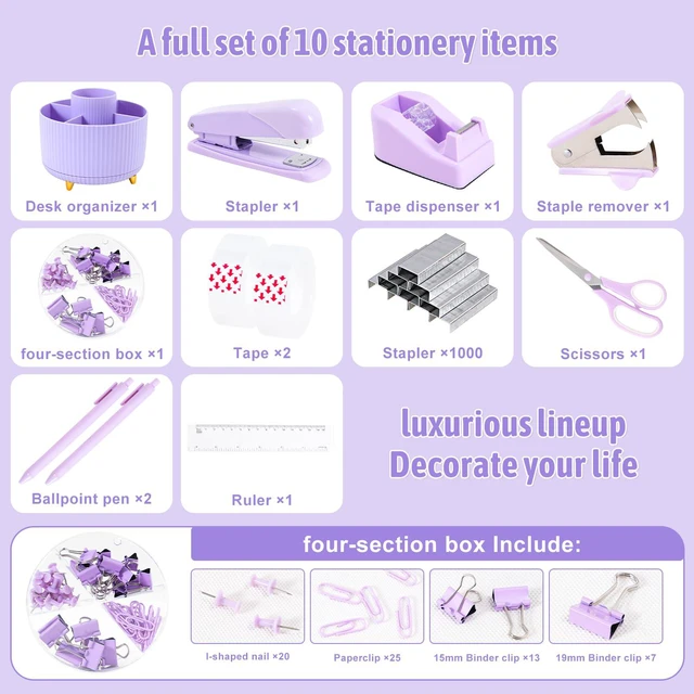 Alt view image 3 of 7 - Purple Desk Organizers and Accessories with Desk Organizer 360° Rotating Pen Holder and Office Supplies, Cute Stationery Supplies Set