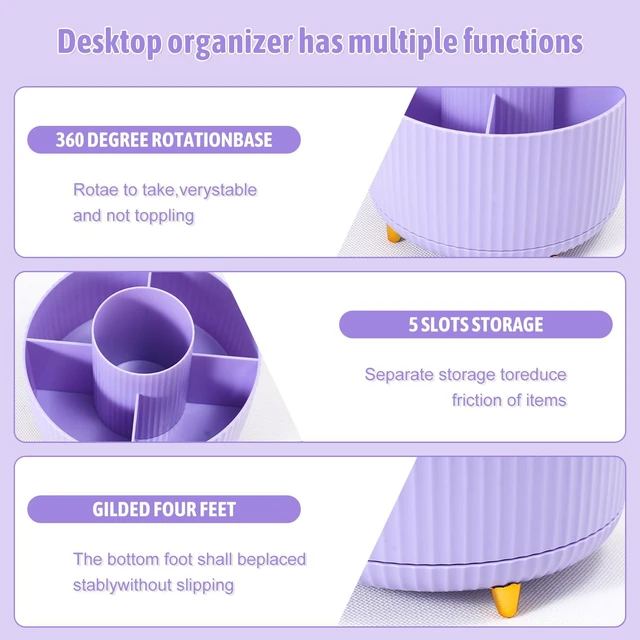 Alt view image 5 of 7 - Purple Desk Organizers and Accessories with Desk Organizer 360° Rotating Pen Holder and Office Supplies, Cute Stationery Supplies Set