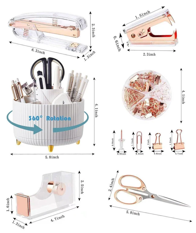 Alt view image 2 of 7 - Rose Gold Desk Organizers and Accessories with Desk Organizer 360° Rotating Pen Holder and Office Supplies, Cute Stationery Supplies Set