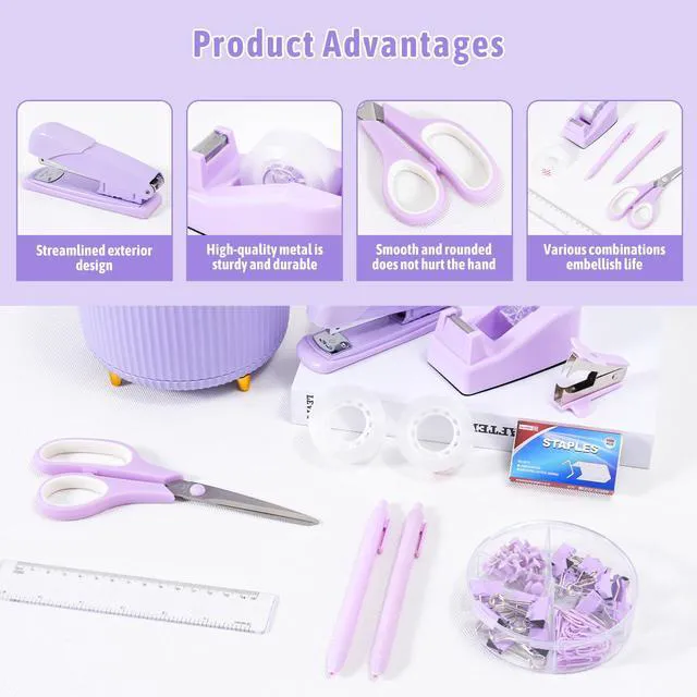Alt view image 7 of 7 - Purple Desk Organizers and Accessories with Desk Organizer 360° Rotating Pen Holder and Office Supplies, Cute Stationery Supplies Set