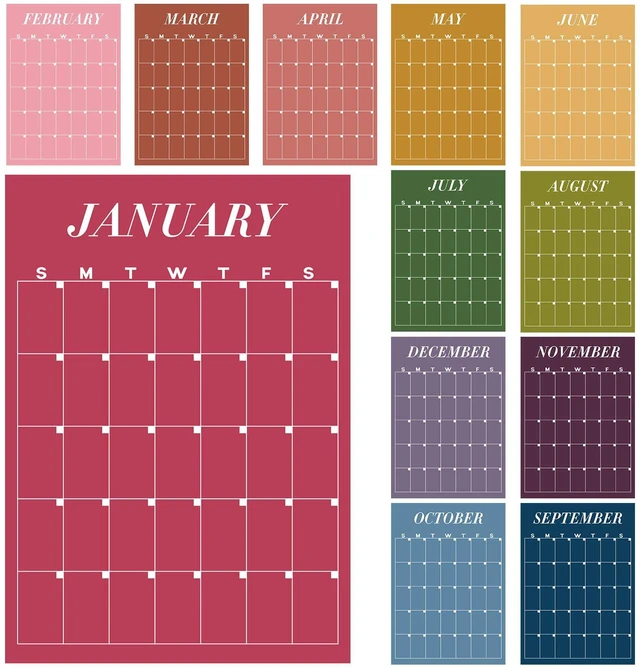 Main image of Undated Wall Calendar, Colorful, 12 Pcs for Classroom Office Home, Dry Erase Reusable Design, 16''x12'' Large Size, Undated Yearly, Back to School Christmas Supplies