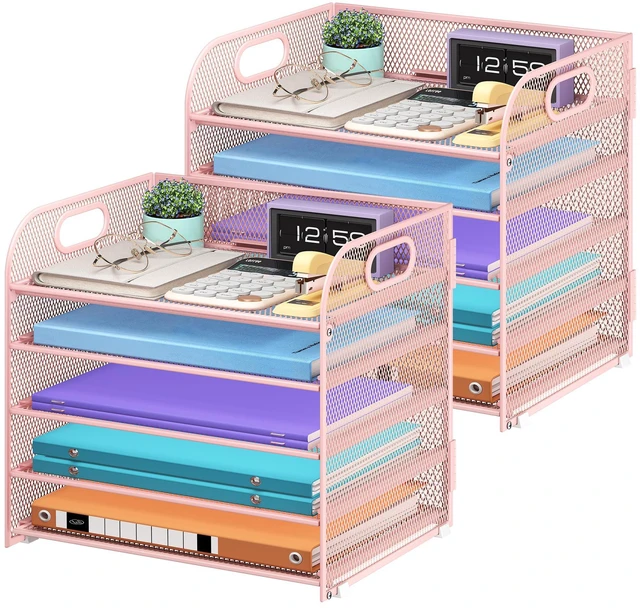 Main image of 2 Pack 5 Tier Paper Organizer, Letter Tray with Handle, Mesh Desk Organizer, Metal File Organizer, Office Desk Accessories for Home, Office, Classroom, School (Pink, 2)