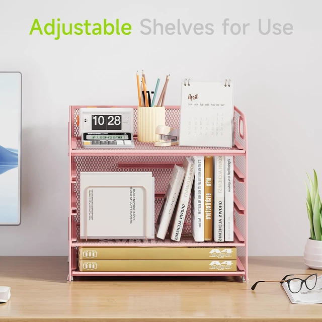 Alt view image 2 of 7 - 2 Pack 5 Tier Paper Organizer, Letter Tray with Handle, Mesh Desk Organizer, Metal File Organizer, Office Desk Accessories for Home, Office, Classroom, School (Pink, 2)