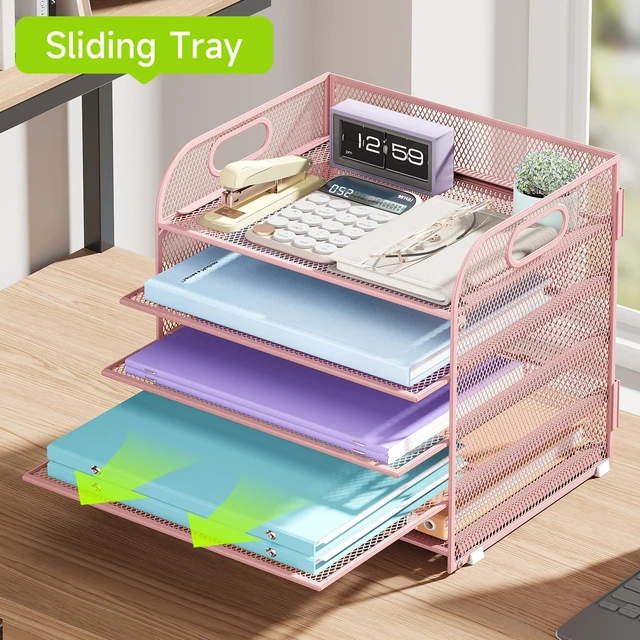Alt view image 3 of 7 - 2 Pack 5 Tier Paper Organizer, Letter Tray with Handle, Mesh Desk Organizer, Metal File Organizer, Office Desk Accessories for Home, Office, Classroom, School (Pink, 2)