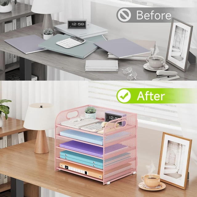 Alt view image 6 of 7 - 2 Pack 5 Tier Paper Organizer, Letter Tray with Handle, Mesh Desk Organizer, Metal File Organizer, Office Desk Accessories for Home, Office, Classroom, School (Pink, 2)