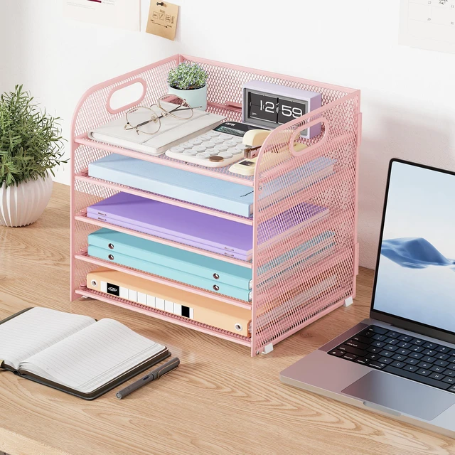 Alt view image 7 of 7 - 2 Pack 5 Tier Paper Organizer, Letter Tray with Handle, Mesh Desk Organizer, Metal File Organizer, Office Desk Accessories for Home, Office, Classroom, School (Pink, 2)