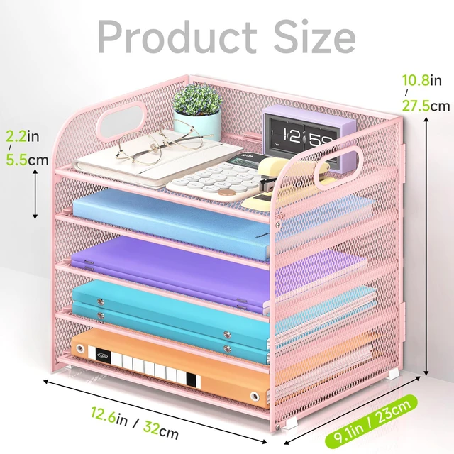 Alt view image 5 of 7 - 2 Pack 5 Tier Paper Organizer, Letter Tray with Handle, Mesh Desk Organizer, Metal File Organizer, Office Desk Accessories for Home, Office, Classroom, School (Pink, 2)