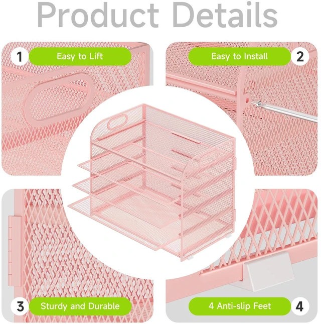 Alt view image 4 of 7 - 2 Pack 5 Tier Paper Organizer, Letter Tray with Handle, Mesh Desk Organizer, Metal File Organizer, Office Desk Accessories for Home, Office, Classroom, School (Pink, 2)