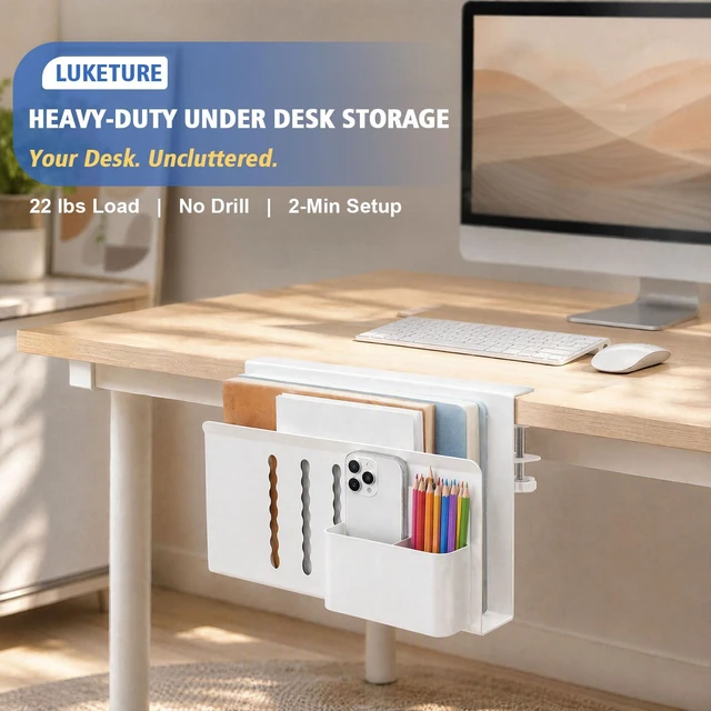 Alt view image 2 of 7 - Desk Side Storage, Steel Side Desk Organizer, No Drill Laptop Holder, Clamp on Laptop Mount with Pen Holder, Table Hanging Storage for Home Office, Fits Flat Edge Tables 0.3" to 2.8"