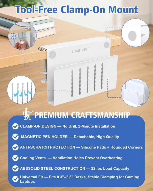 Alt view image 4 of 7 - Desk Side Storage, Steel Side Desk Organizer, No Drill Laptop Holder, Clamp on Laptop Mount with Pen Holder, Table Hanging Storage for Home Office, Fits Flat Edge Tables 0.3" to 2.8"