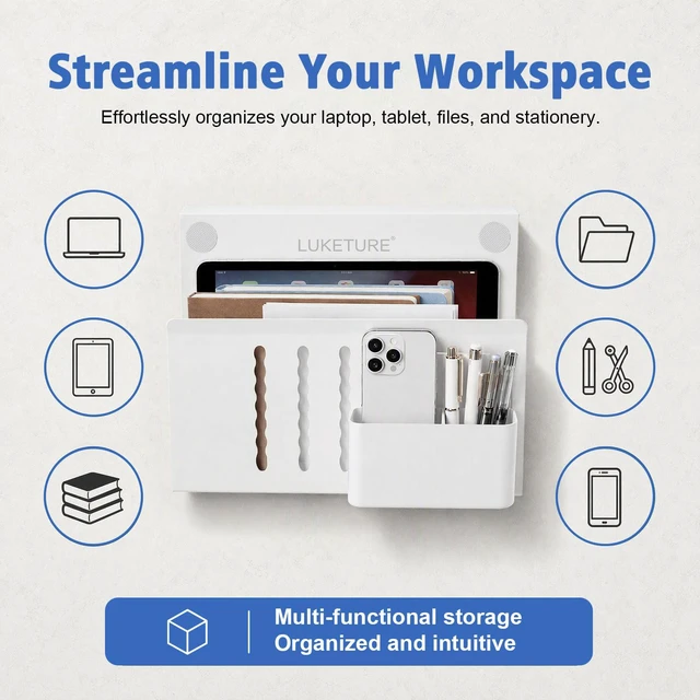 Alt view image 5 of 7 - Desk Side Storage, Steel Side Desk Organizer, No Drill Laptop Holder, Clamp on Laptop Mount with Pen Holder, Table Hanging Storage for Home Office, Fits Flat Edge Tables 0.3" to 2.8"