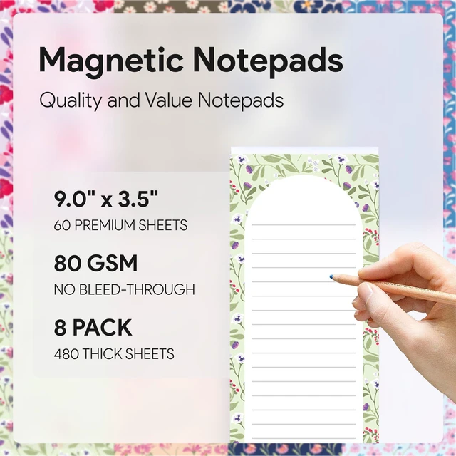 Alt view image 2 of 7 - Large Magnetic Note Pads for Fridge, 8 Pack Floral Grocery List, 60 Sheets Strong magnetic back, 60 sheets per pad, 9 x 3.5 in, big shopping and to do list pads, fridge memo pads