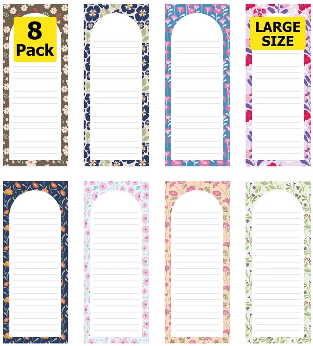 Main image of Large Magnetic Note Pads for Fridge, 8 Pack Floral Grocery List, 60 Sheets Strong magnetic back, 60 sheets per pad, 9 x 3.5 in, big shopping and to do list pads, fridge memo pads
