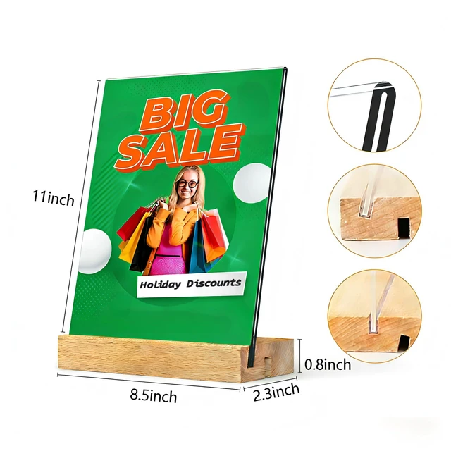 Alt view image 2 of 7 - 8.5 x 11 Acrylic Sign Holder with Wood Base 5 Pack L/T Shape Vertical or Slant Back Display for Wedding, Restaurant, Store, Office, Hotel