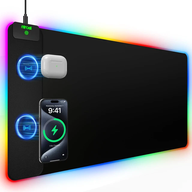 Main image of Mouse Pad with 15W Magnetic Wireless Charging 31.5x15.75 Inch, RGB Mousepad for Desk Mat, XXL Desk Pad with 11 Colors & 5 Modes, Home Office Large Keyboard Pad Waterproof Non-Slip for Gaming PC Setup