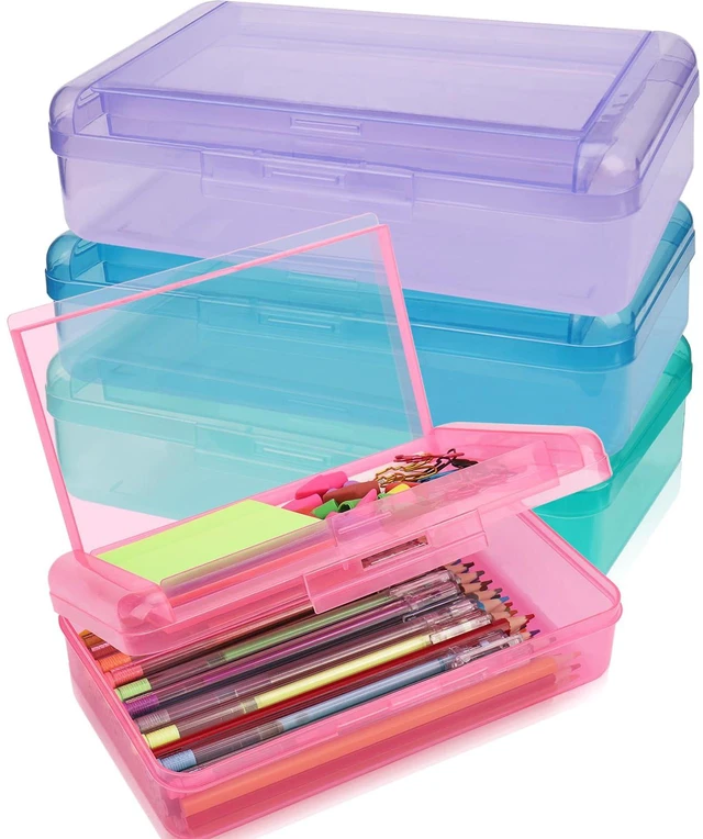 Main image of Large Pencil Box, Double Layer Capacity Pencil Holders, Hard Pen Case with Snap-tight Lid, Plastic Pencils Case for Office School, Pen Boxes Storage Organizer (Blue+Green+Pink+Purple-4Pcs)