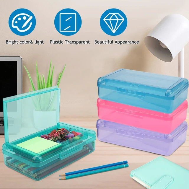 Alt view image 5 of 7 - Large Pencil Box, Double Layer Capacity Pencil Holders, Hard Pen Case with Snap-tight Lid, Plastic Pencils Case for Office School, Pen Boxes Storage Organizer (Blue+Green+Pink+Purple-4Pcs)
