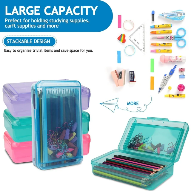 Alt view image 6 of 7 - Large Pencil Box, Double Layer Capacity Pencil Holders, Hard Pen Case with Snap-tight Lid, Plastic Pencils Case for Office School, Pen Boxes Storage Organizer (Blue+Green+Pink+Purple-4Pcs)