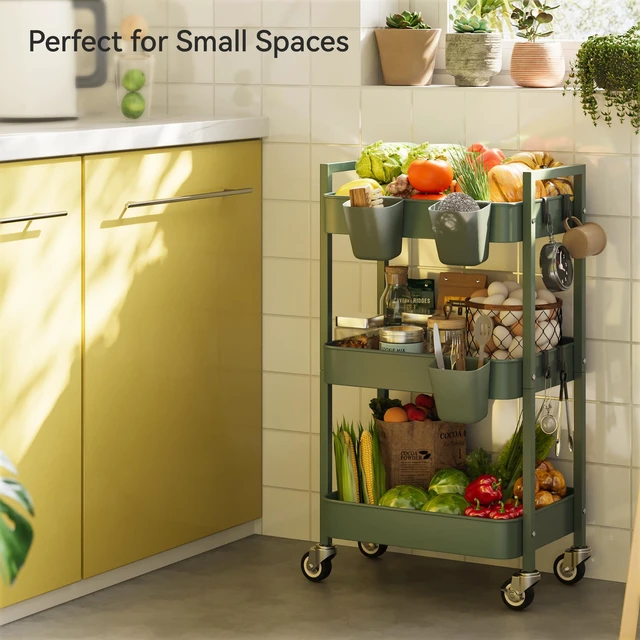Alt view image 2 of 6 - 3 Tier Rolling Cart,Utility Cart with Locking Wheels, Hanging Cups,&Hooks, Heavy Duty Metal Storage Organizer Cart for Kitchen,Office, Bathroom,Craft Room,Green