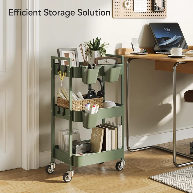 Alt view image 3 of 6 - 3 Tier Rolling Cart,Utility Cart with Locking Wheels, Hanging Cups,&Hooks, Heavy Duty Metal Storage Organizer Cart for Kitchen,Office, Bathroom,Craft Room,Green