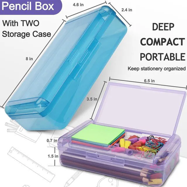 Alt view image 2 of 7 - Large Pencil Box, Double Layer Capacity Pencil Holders, Hard Pen Case with Snap-tight Lid, Plastic Pencils Case for Office School, Pen Boxes Storage Organizer (Blue+Green+Pink+Purple-4Pcs)